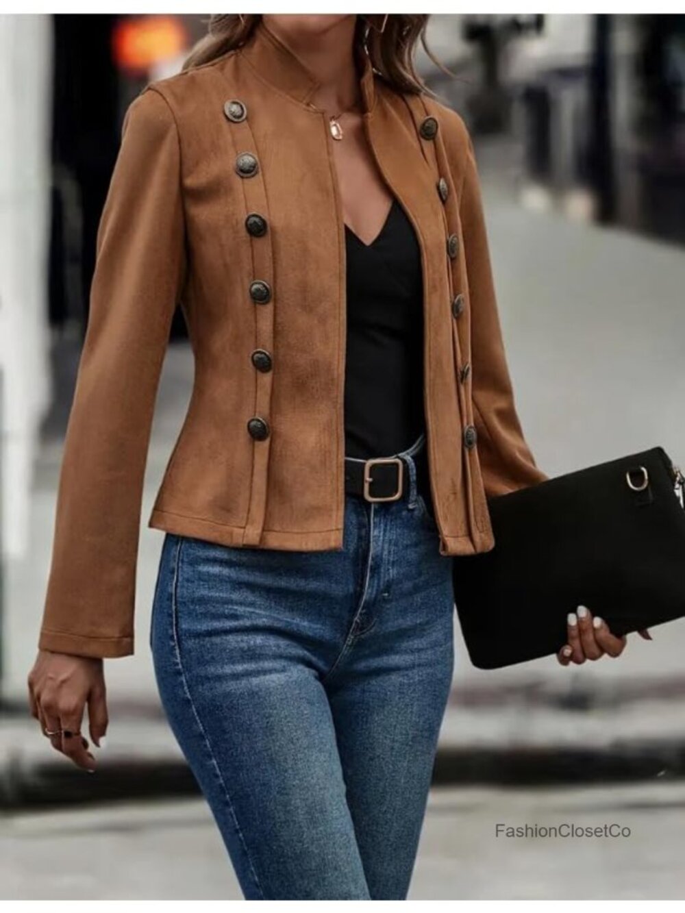 Faux Suede Cropped Jacket Double Breasted Long Sleeve Deerskin Vintage Coat - Picture 3 of 4